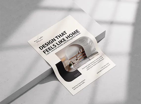 PAL Design flyer reading 'Design that feels like home' on a concrete ledge