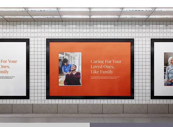 Prime Wellness transit poster reading 'Caring for your loved ones, like family'