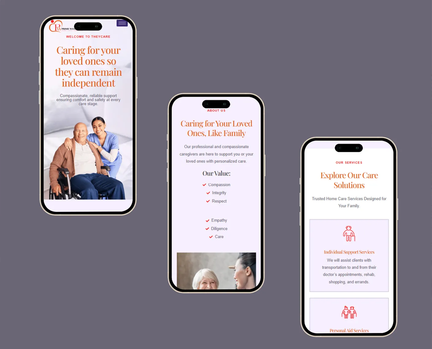 Prime Wellness website on three phone screens