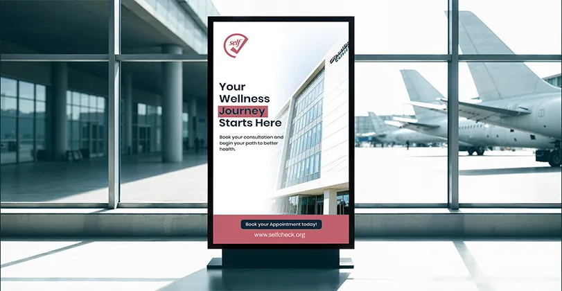 SelfCheck poster in an airport-style terminal reading Your Wellness Journey Starts Here