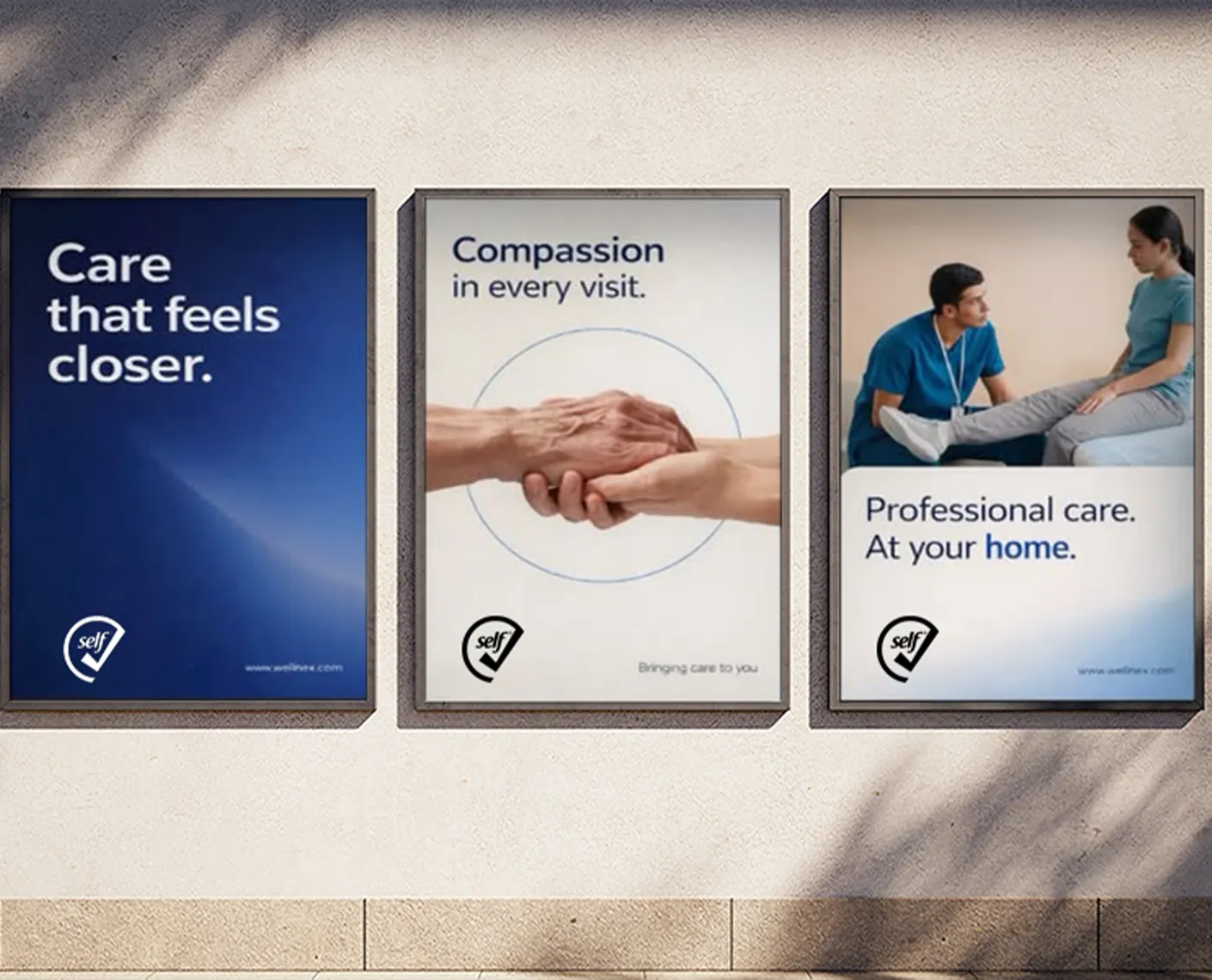 Three SelfCheck posters on a wall: Care that feels closer, Compassion in every visit, Professional care at home