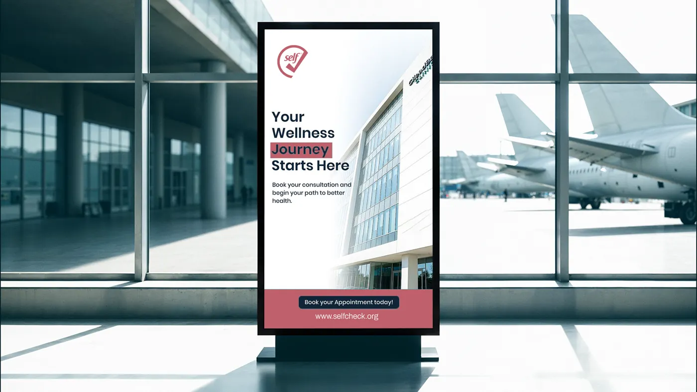 SelfCheck poster in an airport-style terminal