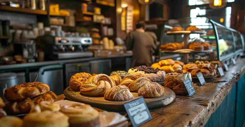 Bakery counter with fresh pastries on display